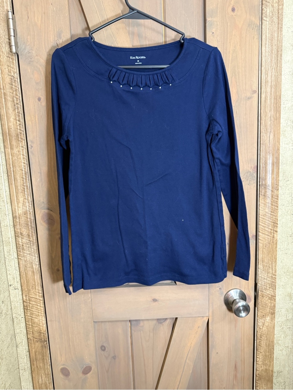 Kim Rogers Navy Long-Sleeve Jewel Neck Top with Bead Detail